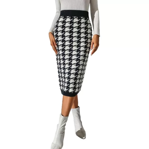 WDIRARA Women's Houndstooth Print Split Hem Knitted Casual Pencil Midi Skirts
