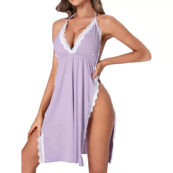 WDIRARA Women's Lace Trim Halter Tie Backless Nightgown Chemise Split Night Dress