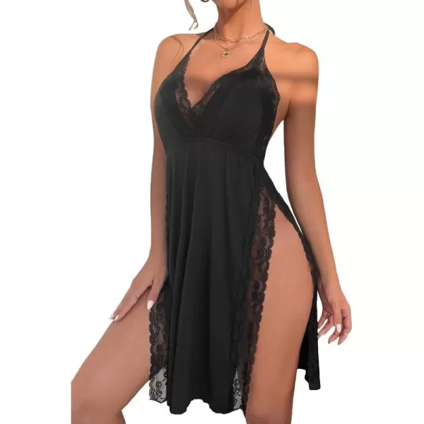 WDIRARA Women's Lace Trim Halter Tie Backless Nightgown Chemise Split Night Dress