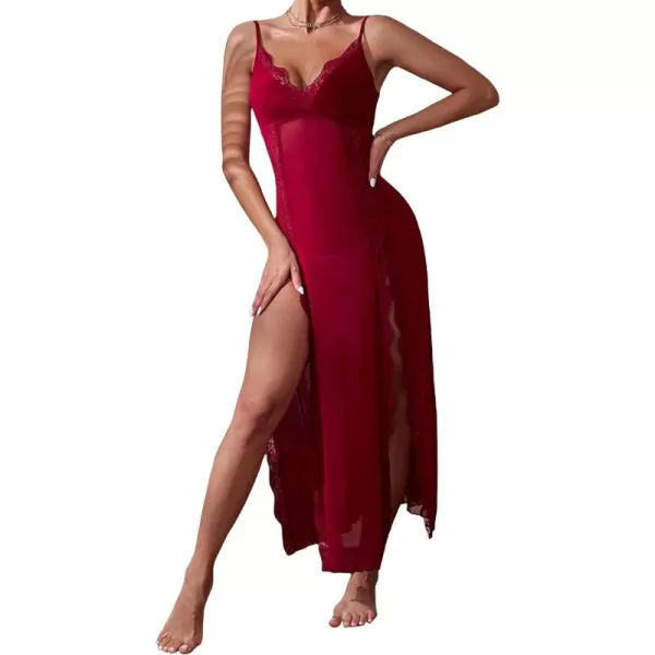 WDIRARA Women's Lace Trim Side Slit V Neck Long Mesh Chemise Nightgown Slip Dress