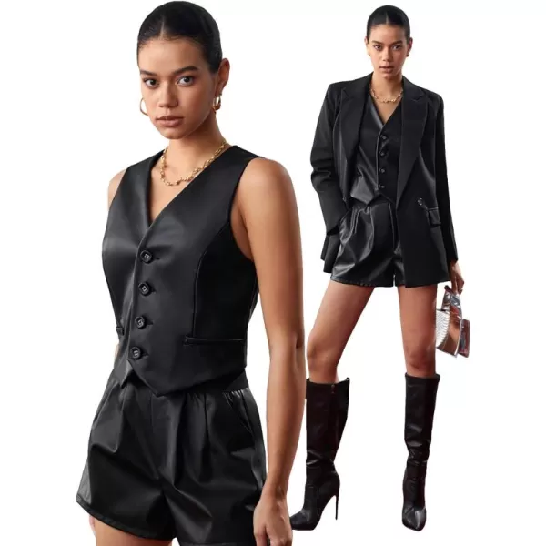 WDIRARA Women's Leather Vest Sleevelesss Single Breated Cropped Moto Biker Outerwear Coat