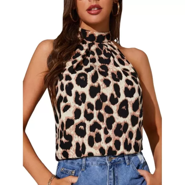 WDIRARA Women's Leopard Print Halter Top Shirt Casual Button Sleeveless Vest
