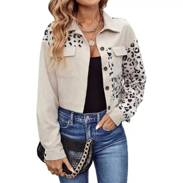 WDIRARA Women's Leopard Print Long Sleeve Button Front Pocket Corduroy Crop Jacket
