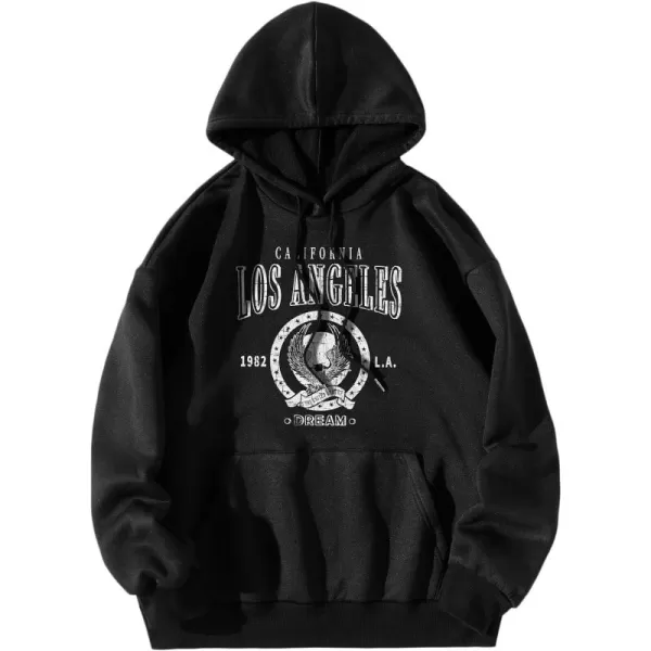 WDIRARA Women's Letter Graphic Print Pocket Drawstring Hoodie Sweatshirts Tops