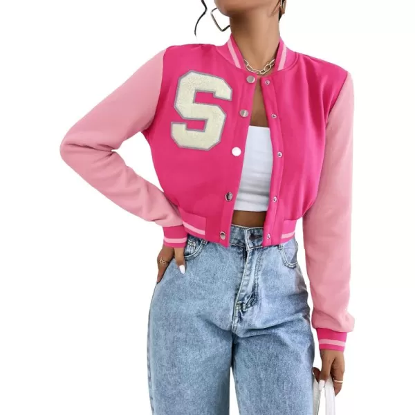 WDIRARA Women's Letter Print Crop Baseball Jacket Bomber Long Sleeve Colorblock Varsity Outerwear