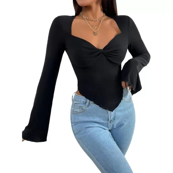 WDIRARA Women's Long Flared Sleeve V Neck Crop Top Twist Front Asymmetrical Shirt
