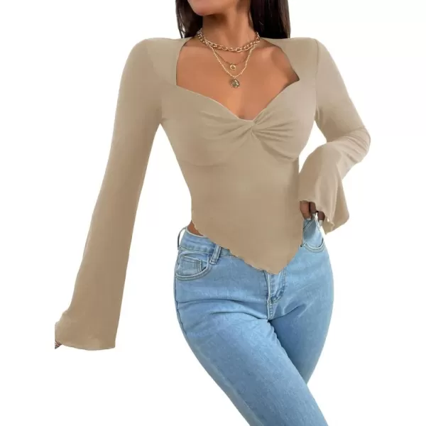 WDIRARA Women's Long Flared Sleeve V Neck Crop Top Twist Front Asymmetrical Shirt