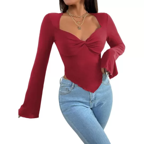WDIRARA Women's Long Flared Sleeve V Neck Crop Top Twist Front Asymmetrical Shirt