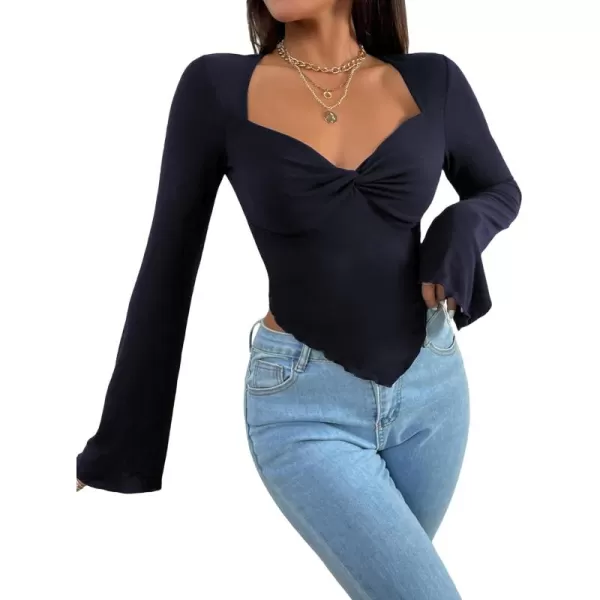 WDIRARA Women's Long Flared Sleeve V Neck Crop Top Twist Front Asymmetrical Shirt