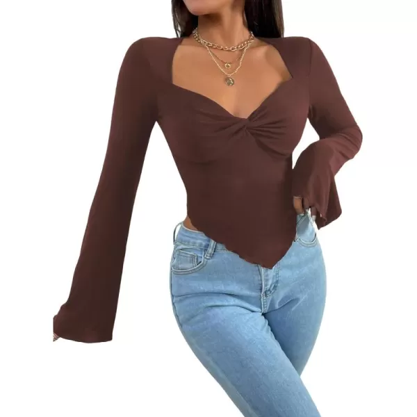 WDIRARA Women's Long Flared Sleeve V Neck Crop Top Twist Front Asymmetrical Shirt