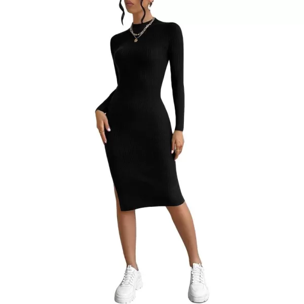 WDIRARA Women's Long Sleeve Basic Slit Daily Bodycon Slim Fit Casual Sweater Dress Midi Pencil Dress