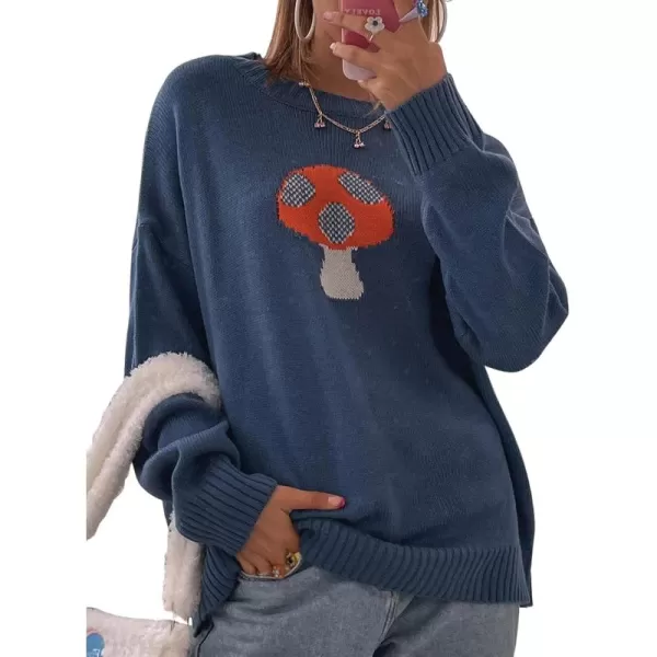 WDIRARA Women's Long Sleeve Mushroom Print Casual Round Neck Sweater Pullover Tops