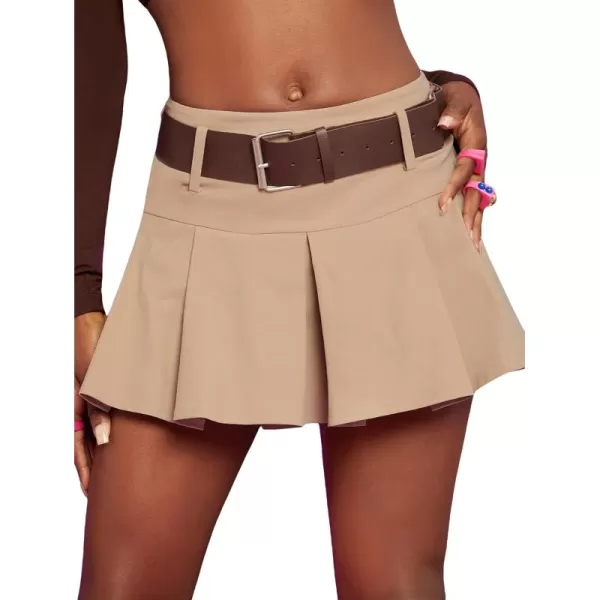 WDIRARA Women's Low Waist Pleated Stretch Tennis Skater Mini Skirt with Belt