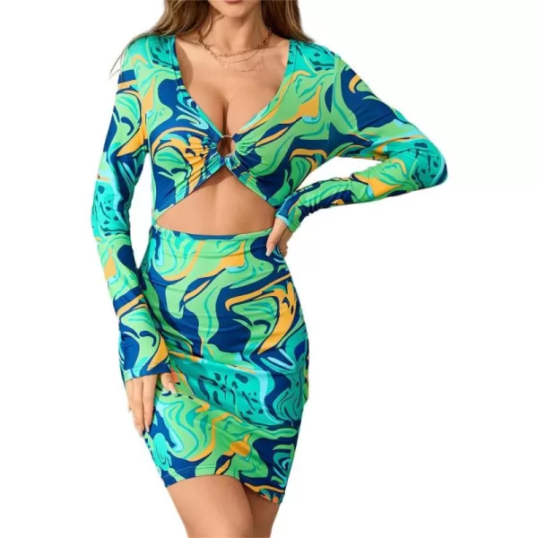 WDIRARA Women's Marble Print Long Sleeve V Neck Cut Out Ring Bodycon Mini Dress