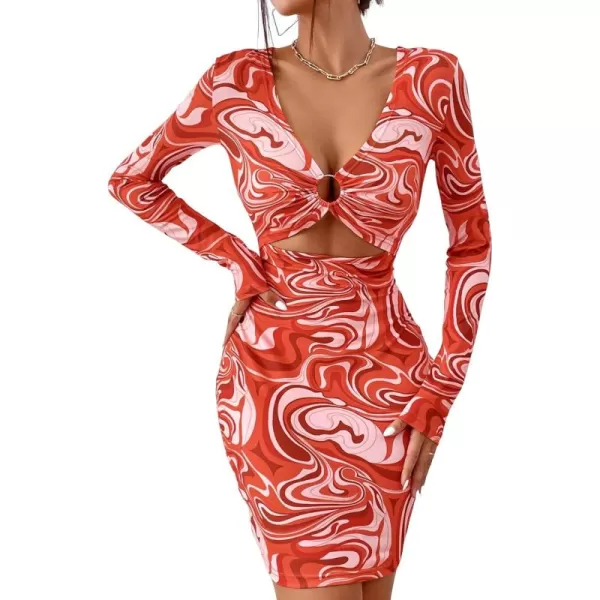 WDIRARA Women's Marble Print Long Sleeve V Neck Cut Out Ring Bodycon Mini Dress
