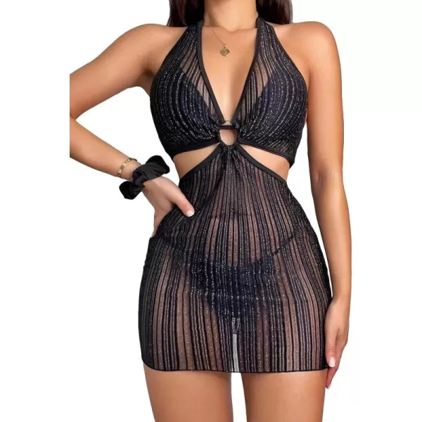 WDIRARA Women's Mesh Glitter Striped Cut Out Waist Halter Swimwear Sleeveless Sheer Beach Cover Up Dress
