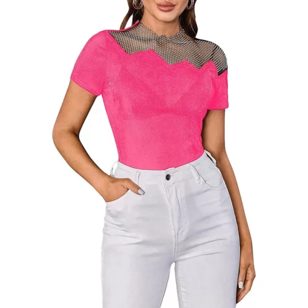WDIRARA Women's Mesh Rhinestone Mock Neck Short Sleeve Tee Top Slim T Shirt