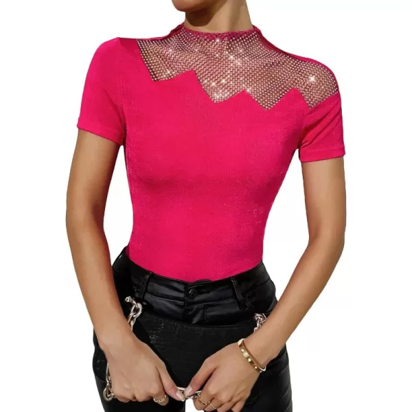 WDIRARA Women's Mesh Rhinestone Mock Neck Short Sleeve Tee Top Slim T Shirt