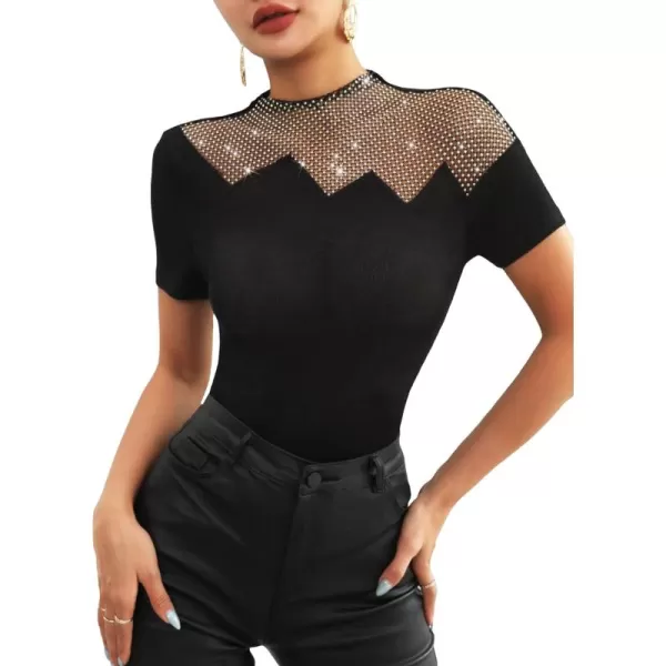 WDIRARA Women's Mesh Rhinestone Mock Neck Short Sleeve Tee Top Slim T Shirt