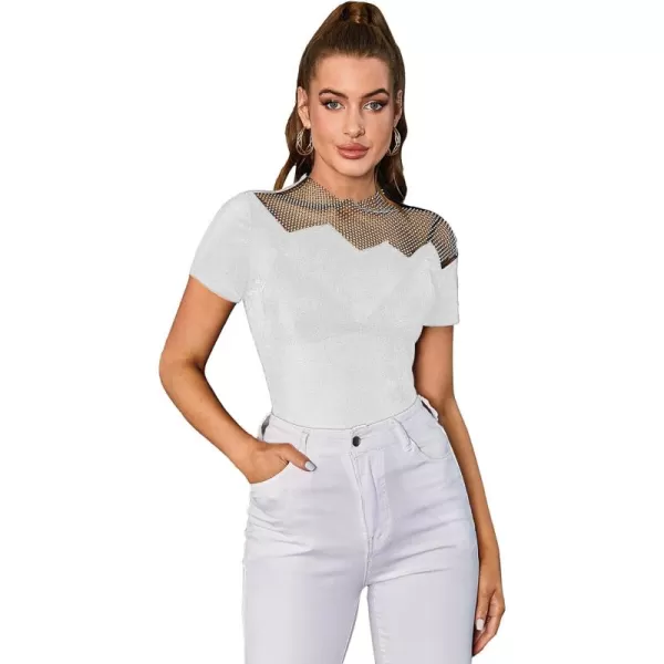 WDIRARA Women's Mesh Rhinestone Mock Neck Short Sleeve Tee Top Slim T Shirt