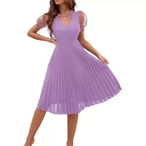 WDIRARA Women's Mesh Sheer Puff Sleeve High Rise Elegant Solid Pleated Midi Dress