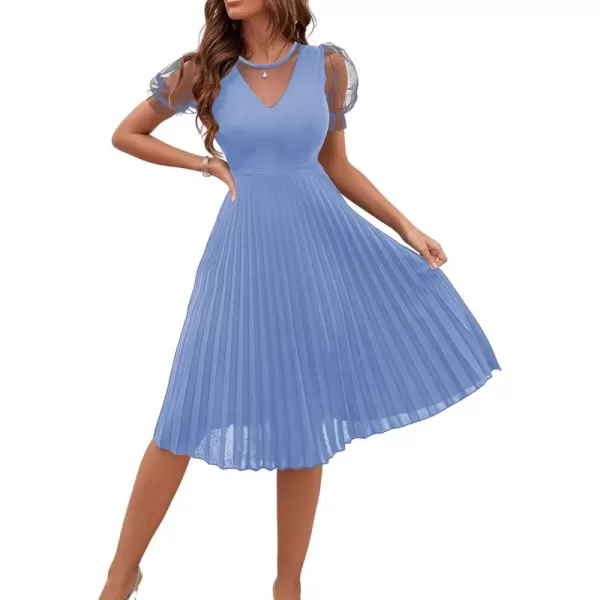 WDIRARA Women's Mesh Sheer Puff Sleeve High Rise Elegant Solid Pleated Midi Dress