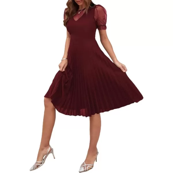 WDIRARA Women's Mesh Sheer Puff Sleeve High Rise Elegant Solid Pleated Midi Dress