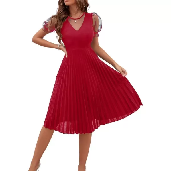 WDIRARA Women's Mesh Sheer Puff Sleeve High Rise Elegant Solid Pleated Midi Dress