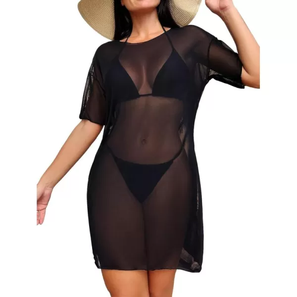 WDIRARA Women's Mesh Sheer Short Sleeve Cover Up Dress Round Neck See Through Swimwear