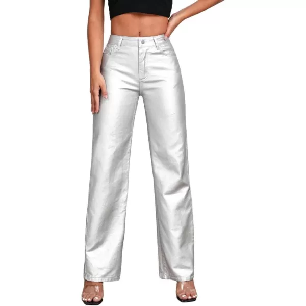 WDIRARA Women's Metallic High Waist Button Pocket Front Denim Trousers Loose Fit Straight Leg Jeans