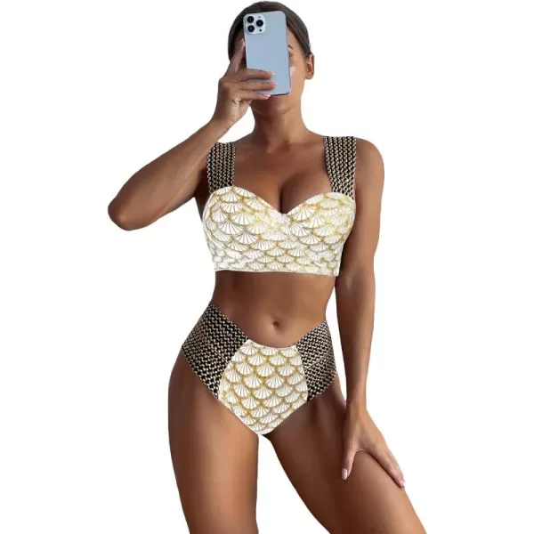 WDIRARA Women's Metallic Print Wide Strap Cheeky Bottom Push Up 2 Piece Set Bikini Swimsuit