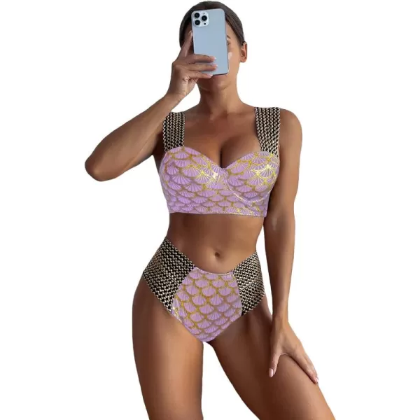 WDIRARA Women's Metallic Print Wide Strap Cheeky Bottom Push Up 2 Piece Set Bikini Swimsuit