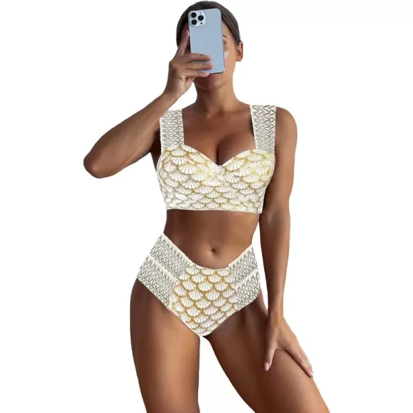 WDIRARA Women's Metallic Print Wide Strap Cheeky Bottom Push Up 2 Piece Set Bikini Swimsuit