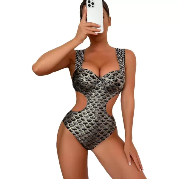 WDIRARA Women's Metallic Print Wide Strap Cheeky Bottom Push Up 2 Piece Set Bikini Swimsuit