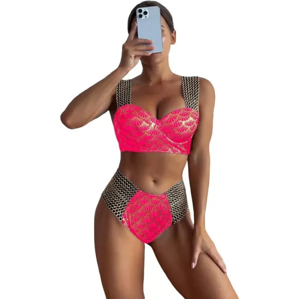 WDIRARA Women's Metallic Print Wide Strap Cheeky Bottom Push Up 2 Piece Set Bikini Swimsuit
