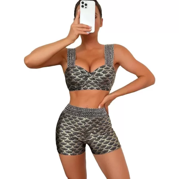 WDIRARA Women's Metallic Print Wide Strap Cheeky Bottom Push Up 2 Piece Set Bikini Swimsuit