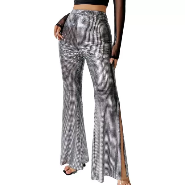 WDIRARA Women's Metallic Sequins Split Hem Elastic High Waisted Party Flare Leg Pants