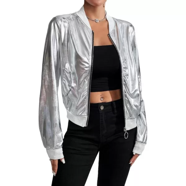WDIRARA Women's Metallic Shiny Zip Up Long Sleeve Baseball Collar Casual Bomber Jacket