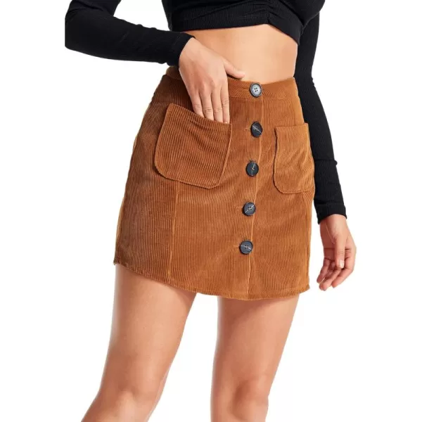 WDIRARA Women's Mid Waist Corduroy A-line Slim fit Button Casual Mini Skirt