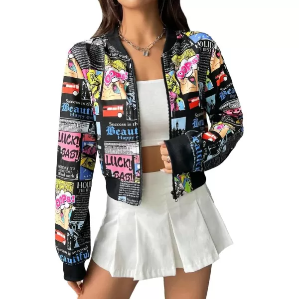 WDIRARA Women's Newspaper Graphic Print Zipper Front Long Sleeve Baseball Bomber Jacket