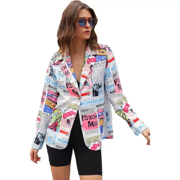 WDIRARA Women's Newspaper Pop Art Print Button Front Long Sleeve Casual Blazer Jacket