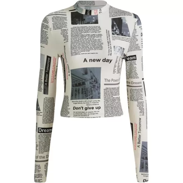 WDIRARA Women's Newspaper Print Crop Top Letter Graphic Long Sleeve Round Neck Slim Fit Knitted Shirt