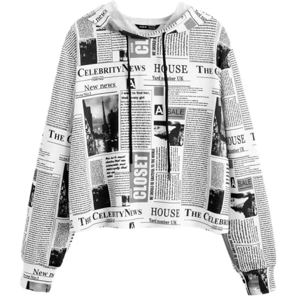 WDIRARA Women's Newspaper Print Long Sleeve Drawstring Hoodie Casual Sweatshirts