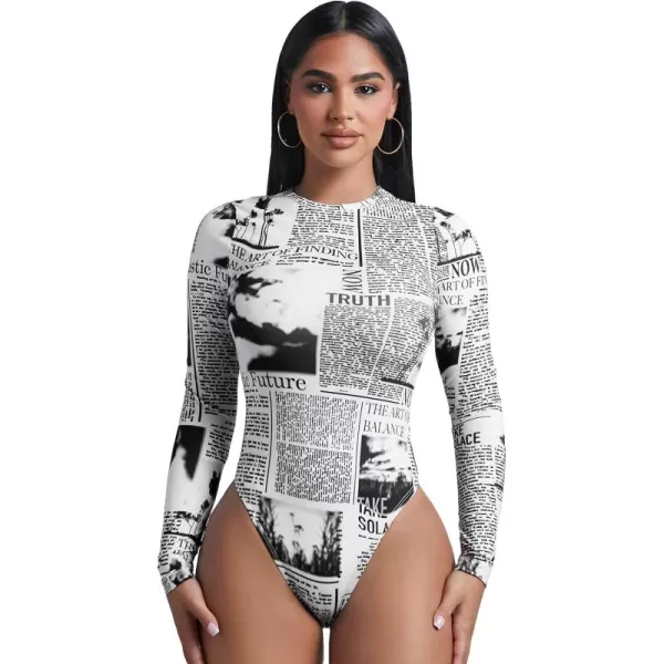 WDIRARA Women's Newspaper Print Long Sleeve Round Neck Knitted Stretchy Slim Fit Bodysuit