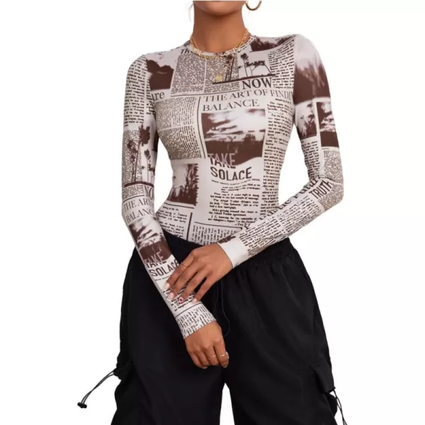 WDIRARA Women's Newspaper Print Long Sleeve Round Neck Knitted Stretchy Slim Fit Bodysuit