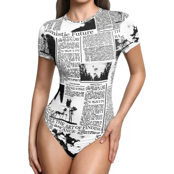 WDIRARA Women's Newspaper Print Short Sleeve Round Neck Tummy Control One Piece Bodysuit Casual Top