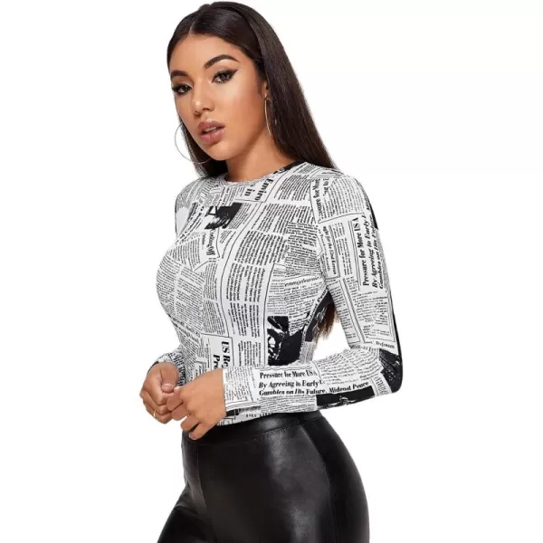 WDIRARA Women's Newspaper Print Tee Long Sleeve Round Neck Letter Print Slim Top