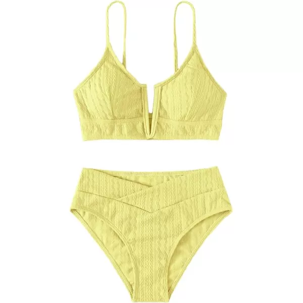 WDIRARA Women's Notched V Neck Bikini Swimsuit 2 Piece Textured Swimsuit Bathing Suits