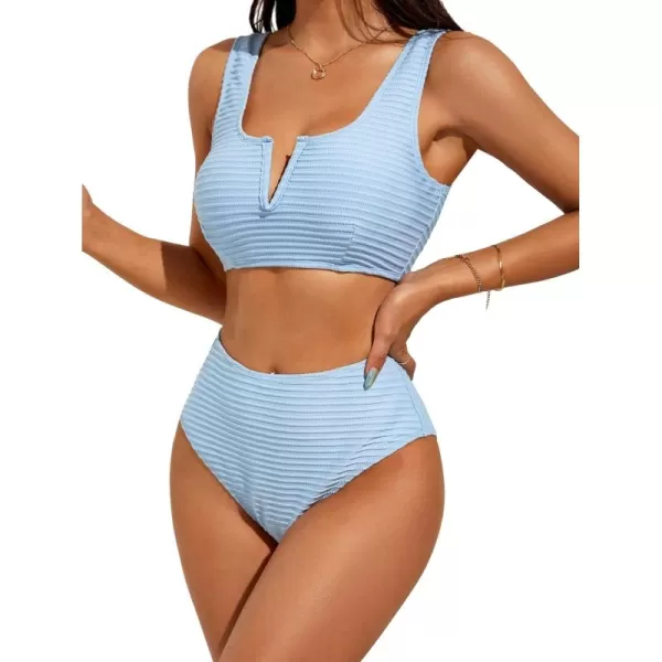 WDIRARA Women's Notched V Neck Bikini Swimsuit 2 Piece Textured Swimsuit Bathing Suits