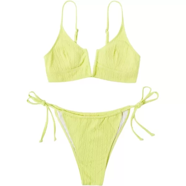 WDIRARA Women's Notched V Neck Bikini Swimsuit 2 Piece Textured Swimsuit Bathing Suits